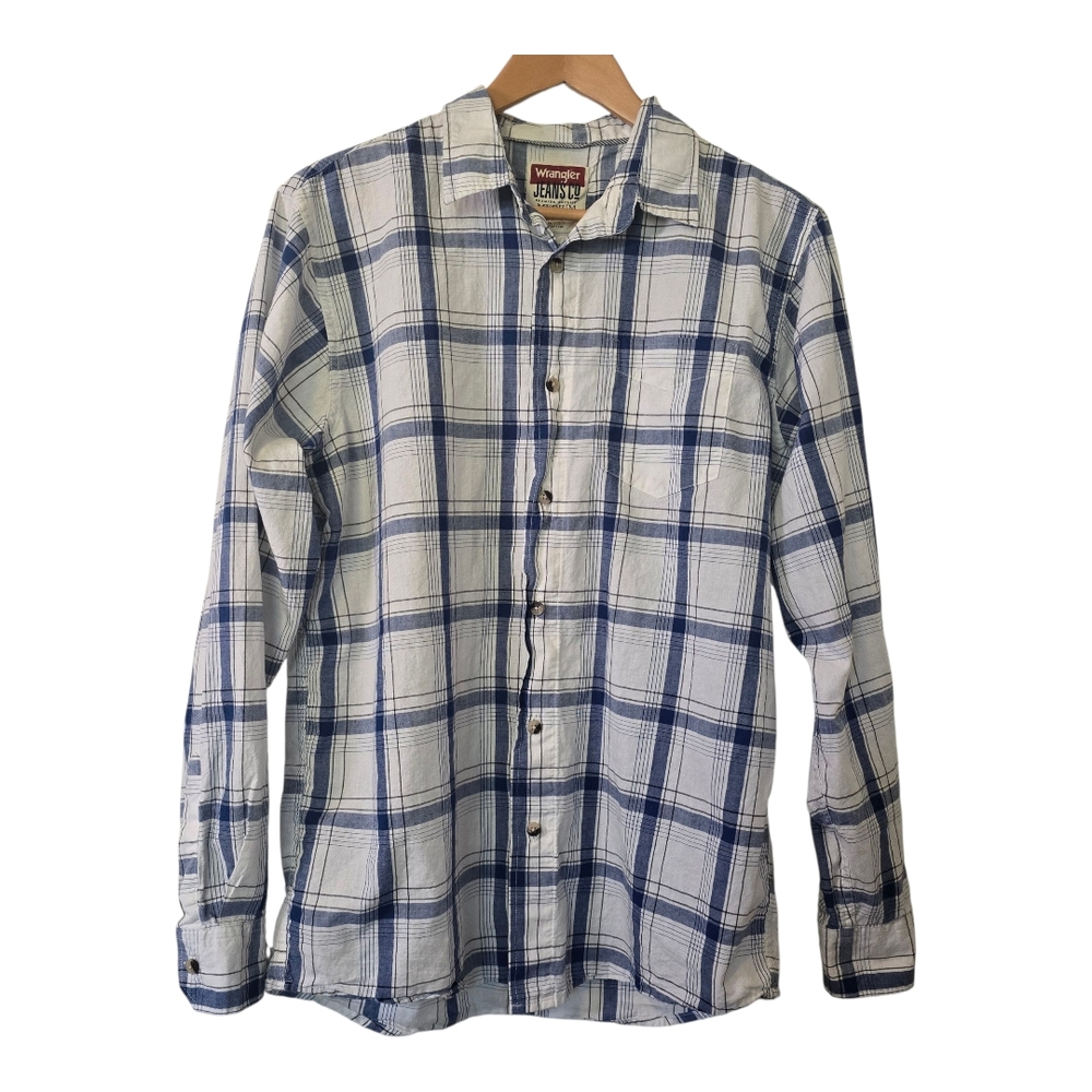 Wrangler Men’s Button-Down Shirt Blue & White Plaid Med Western Casual Cotton